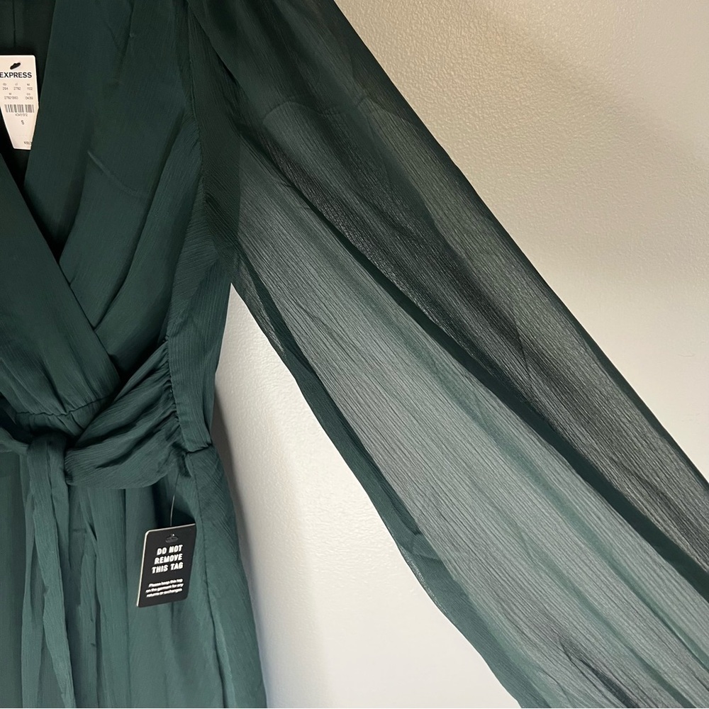 NWT Express Blouson Long Sleeve Tie Wrap Mini Dress Sz S Green Meshed Party - Picture 10 of 13